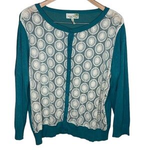 Sahalie Teal White Mesh Long Sleeve Button Cardigan Women Size XL
